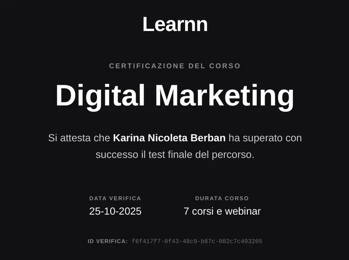 Certificato del corso 'Digital Marketing' di Learnn rilasciato a Karina Nicoleta Berban, 7 corsi e webinar, verificato il 25-10-2025
