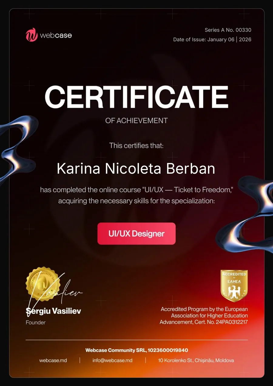 Certificato UI/UX Designer rilasciato da Webcase a Karina Nicoleta Berban, programma accreditato dalla European Association for Higher Education Advancement (EAHEA)