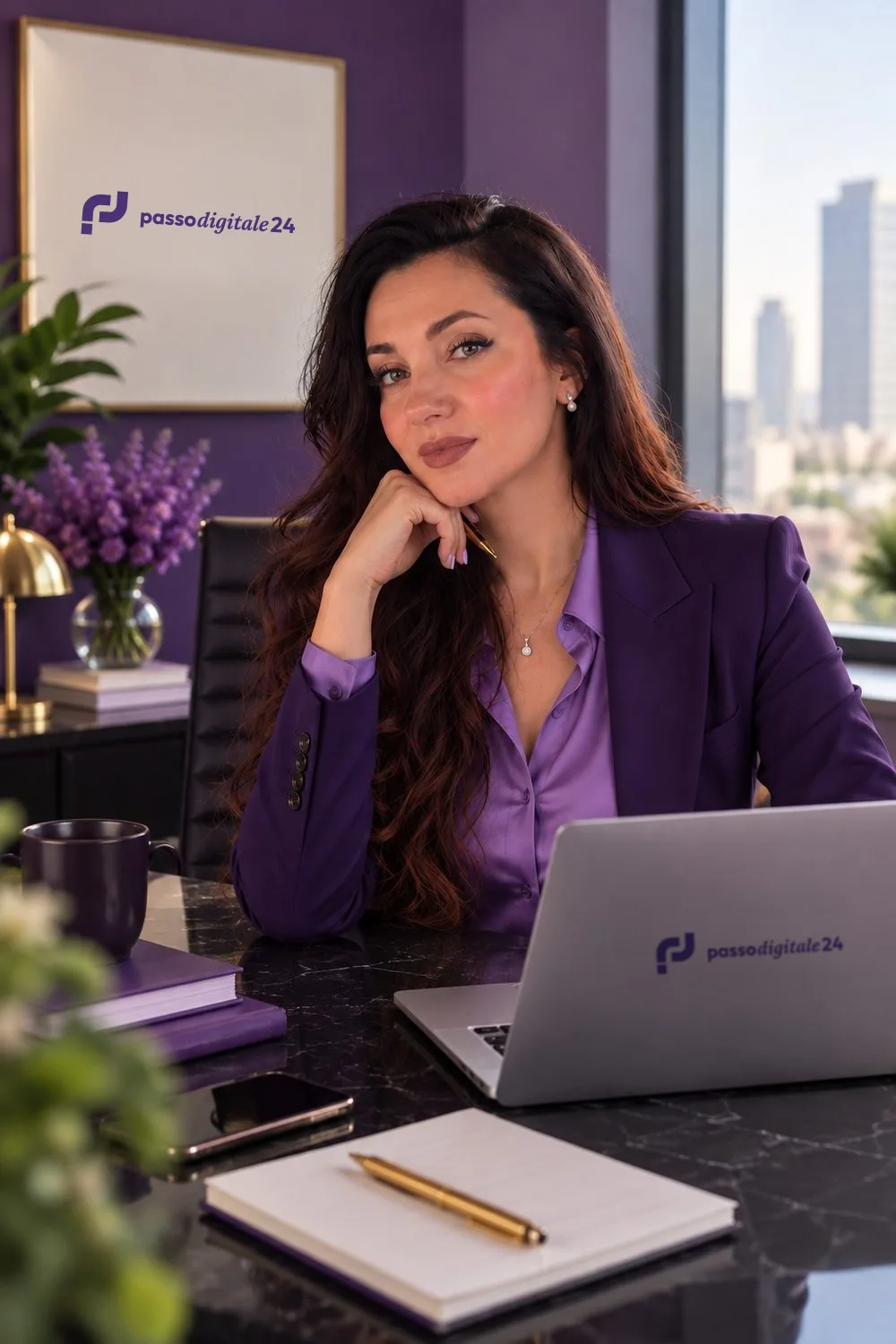Karina Berban, web designer di Passodigitale24, alla scrivania davanti al portatile — avatar generato con IA