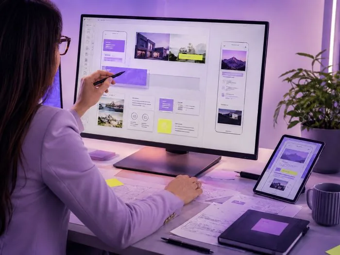 Il layout di un sito in lavorazione su monitor e tablet, versione per computer e versione per telefono affiancate — avatar generato con IA