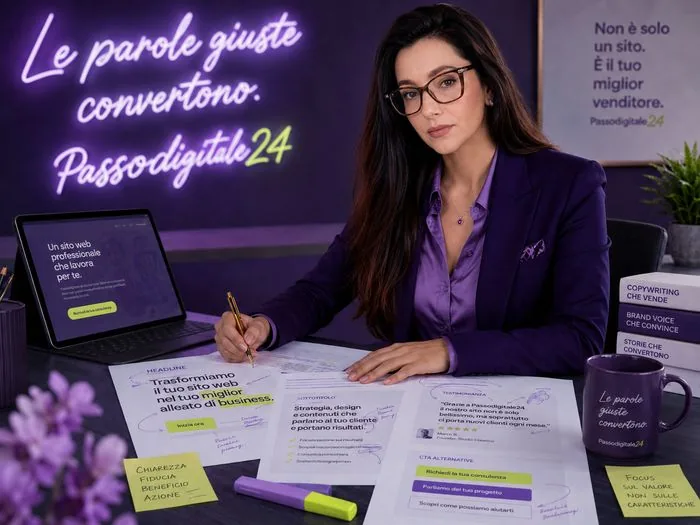 Karina rivede i testi del sito stampati sezione per sezione, sotto un'insegna al neon che dice «Le parole giuste convertono» — avatar generato con IA