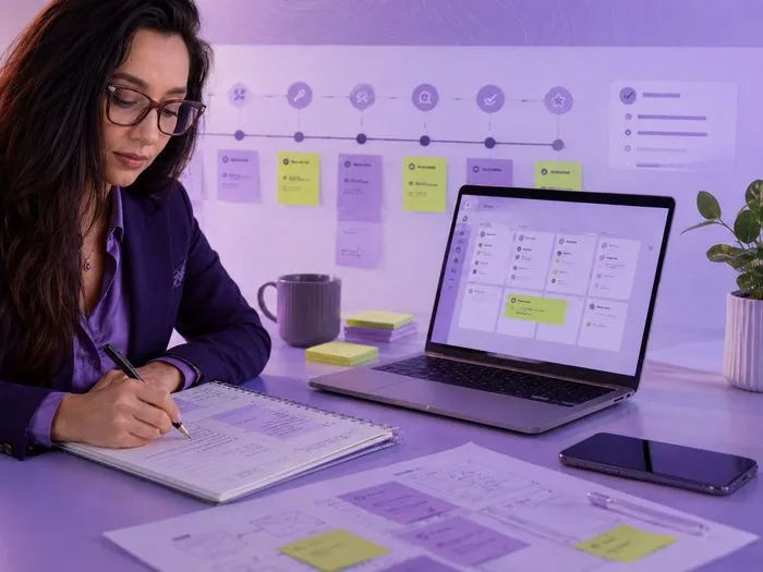 Karina prende appunti davanti al piano di pubblicazione: le fasi in sequenza a parete e la bacheca del progetto sul portatile — avatar generato con IA