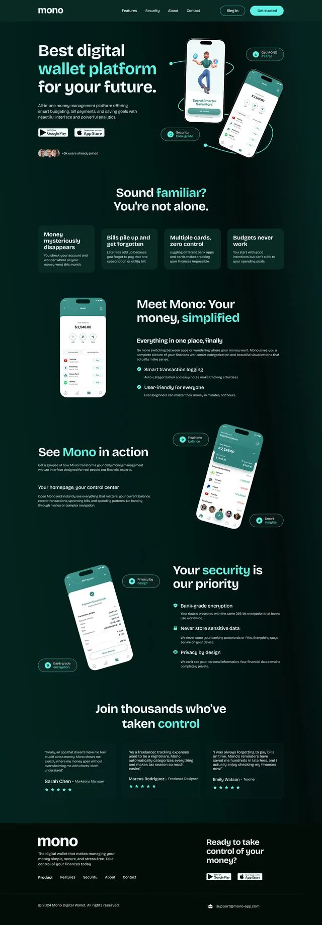 Scorrimento della homepage della landing Mono — Wallet, app di gestione del denaro