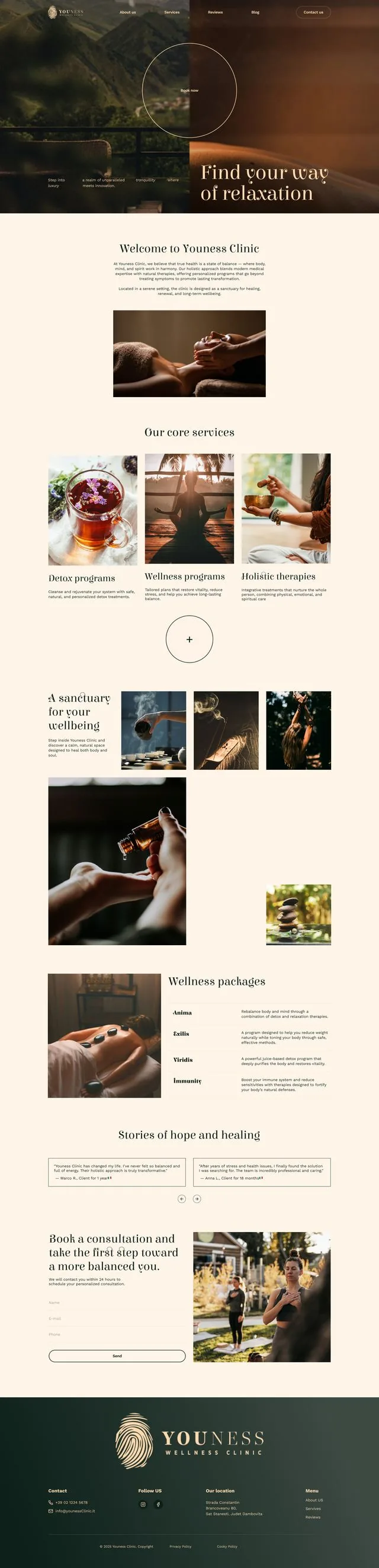 Scorrimento della homepage del sito Youness Clinic, landing per clinica del benessere